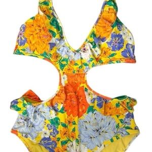 New Aerie Ruffle Halter One-Piece Cut Out Floral Swimsuit. Size XL